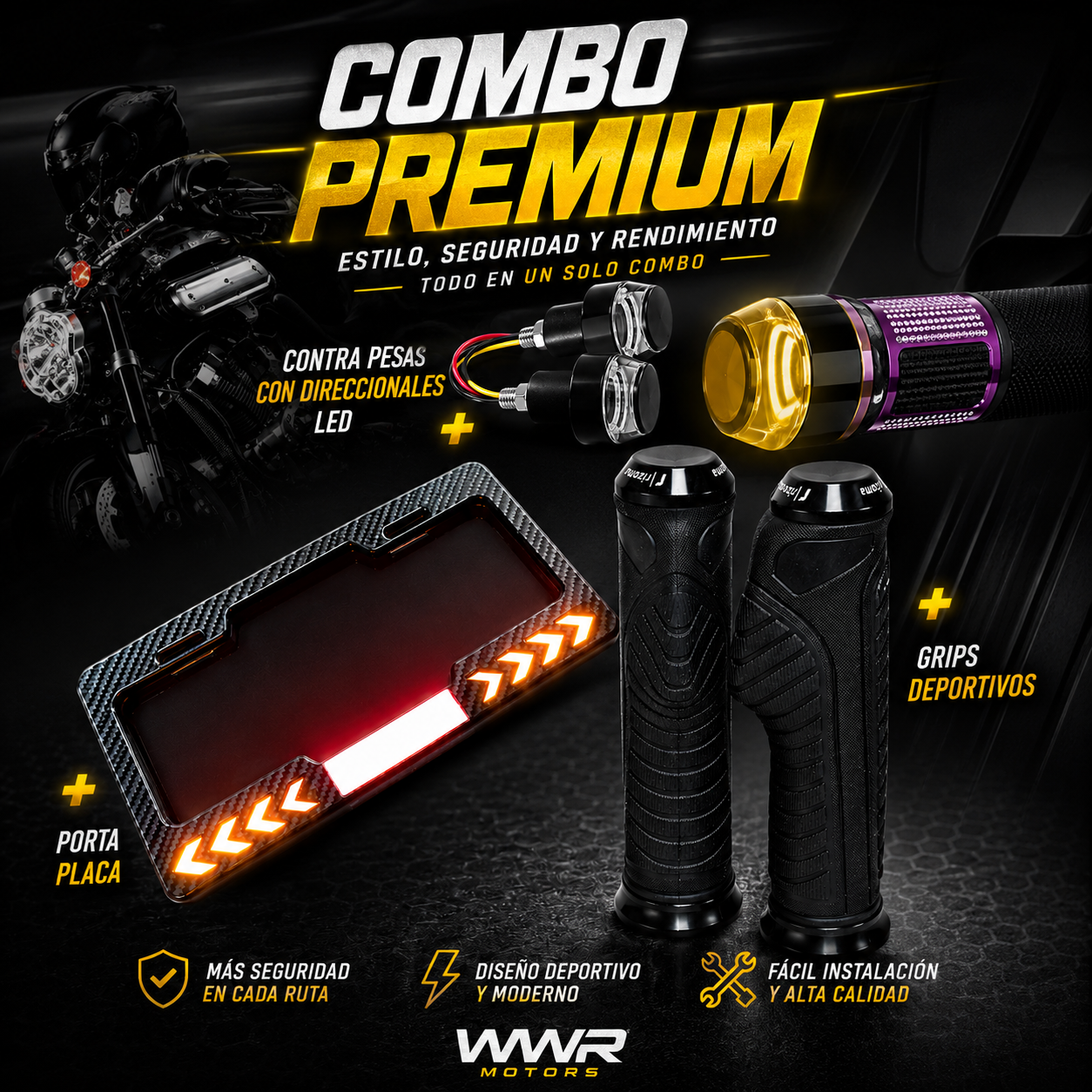 Combo x3 | Grips Deportivos + Porta Placa + Contra Pesas con Direccionales Led